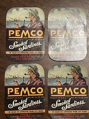 NOS West Pembroke MAINE Pemco SMOKED SARDINES 1940s Label Unused