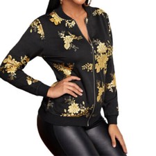 Womens Long Sleeve Gold Flower Print Zip Up Baseball Jacket Coat Outwear