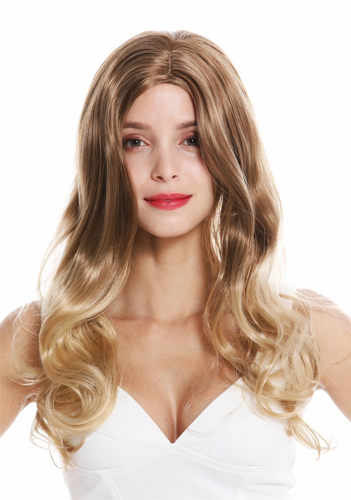 Women Long Wavy Middle Part Braun Blonde Mix Synthetic Wig