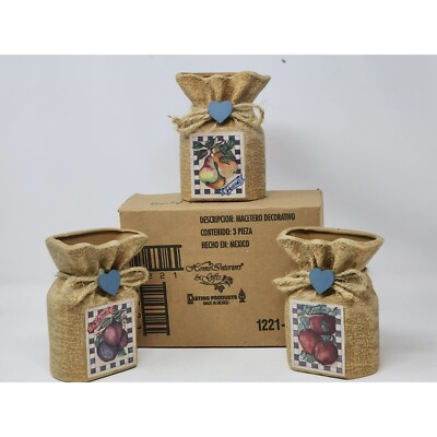 Vintage Home Interiors Country Burlap Sack Planter Plums Pears Apples New In Box