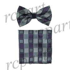 Men's Pre-tied Bow Tie  hankie set plaids  checker purple silver gray formal