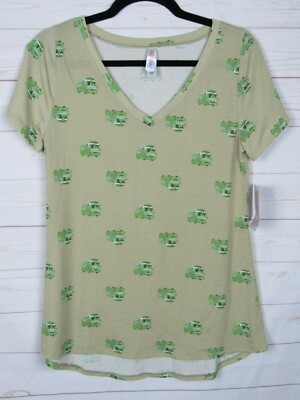 Lularoe Women's Christy T Tan with Green Buses Top Size XS NWT