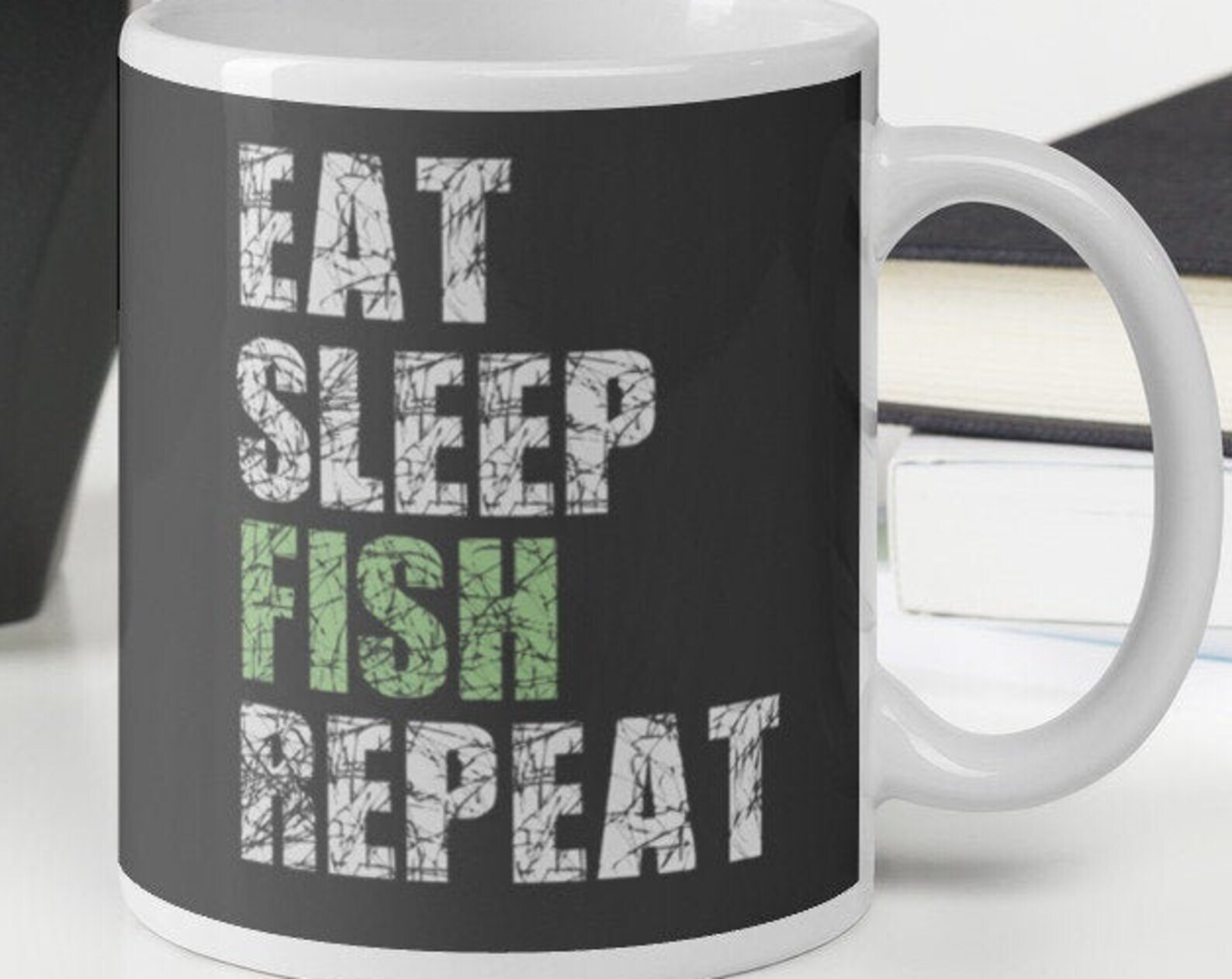 Eat Sleep Fish Repeat Glossy White Fishing Mug for Coffee or Tea  