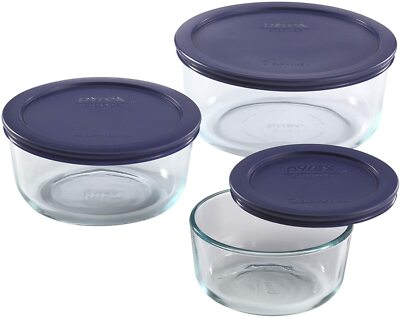 Pyrex Simply Store Glass Round Food Container Set with Blue Lids (6-Piece) 