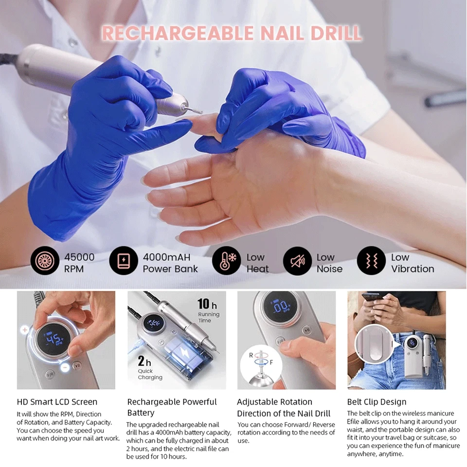 Taladro de uñas recargable 45000 RPM portátil manicura pedicura pantalla LCD Foto 4 de 4