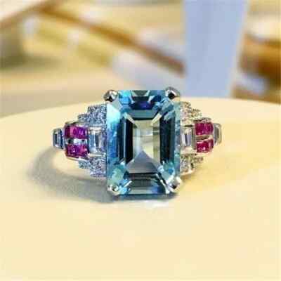 5.85 TCW Simulated Emerald Cut Aquamarine, Ruby & Sapphire Women Party Wear Ring