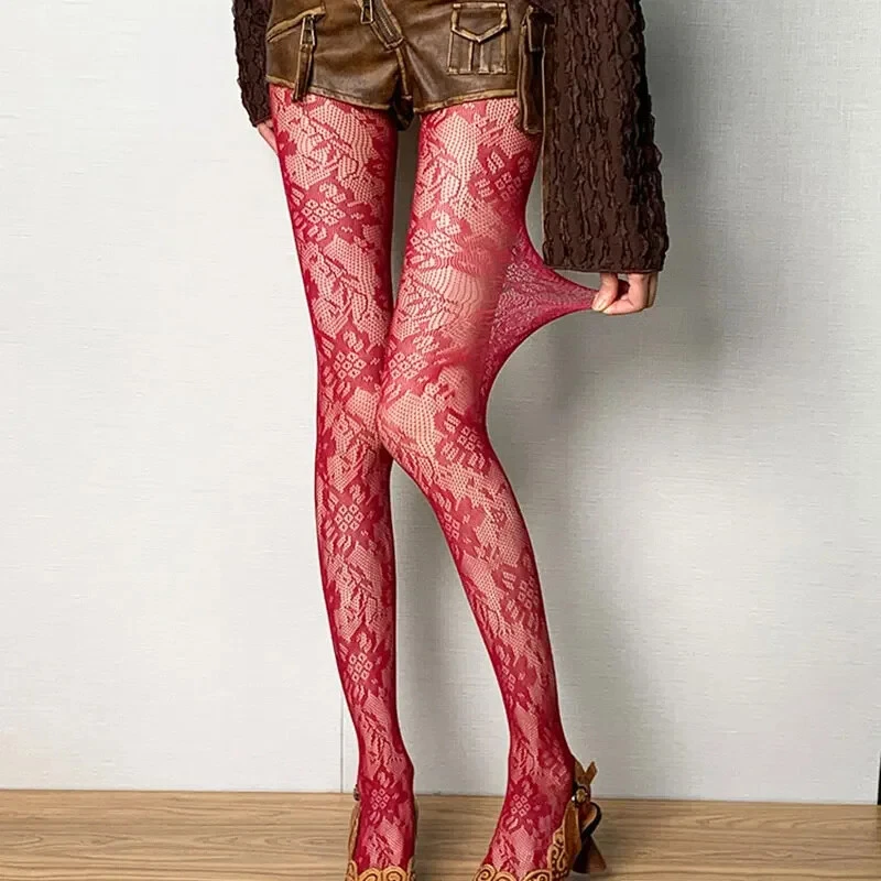 Meia-calça feminina de malha de renda floral estilo meia-calça de verão punk oco Y2K - Imagem 4 de 4