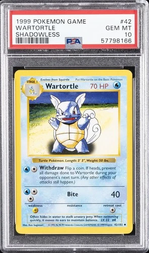 1999 POKEMON BASE SET SHADOWLESS #42 WARTORTLE PSA 10