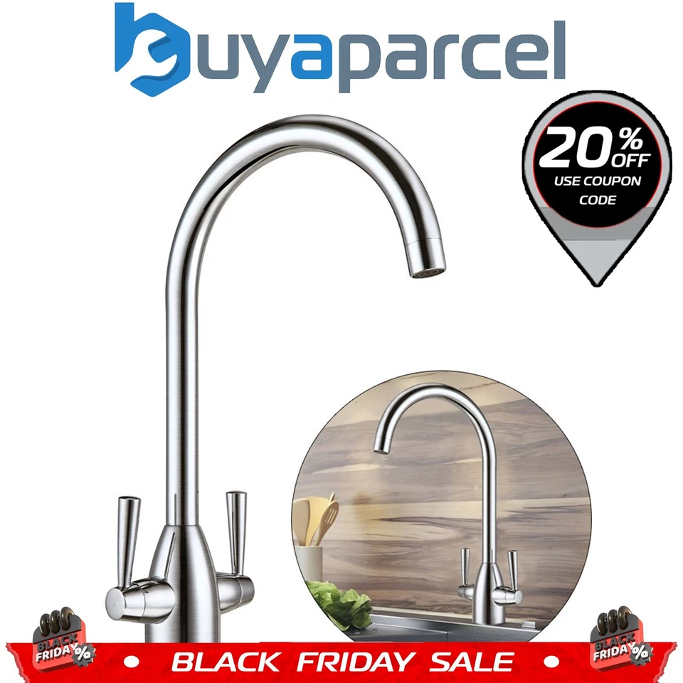 Modern Mono Kitchen Sink Mixer Tap Brushed Nickel Twin Lever Swivel Spout +Flexi