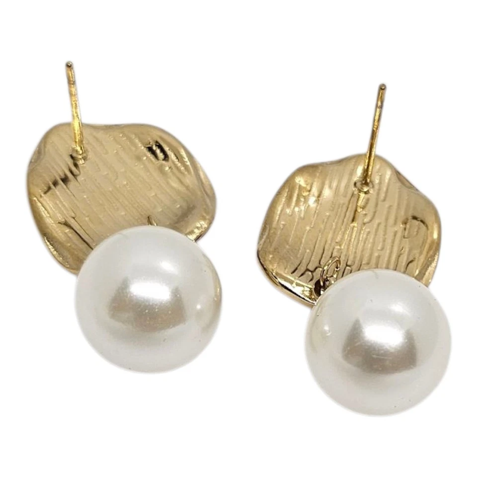 Large Pink Druzy Look Resin & Pearl Statement Drop Earrings Gold Tone - Image 3 of 4