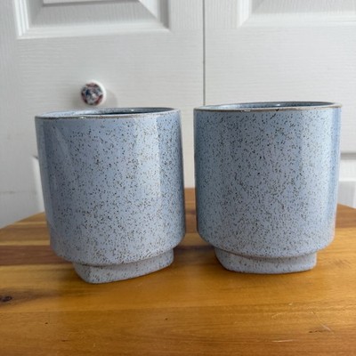 Baby Blue Speckled Floral Flower Planters Set Of 2 Multipurpose Utility Ceramic 