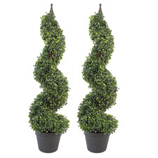 Image of Pair of 90cm 3ft Tall Artificial Boxwood Tower Trees Topiary Spiral Metal Top