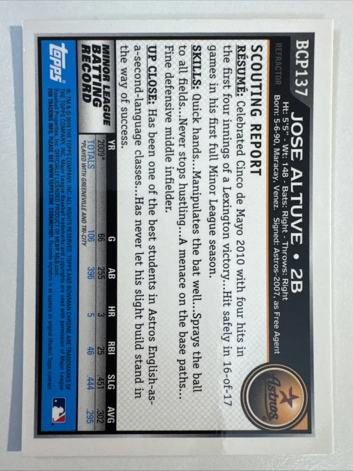 2010 Bowman Chrome Prospects Jose Altuve Green XFractor Rookie 1st #BCP137 - Image 2 of 2