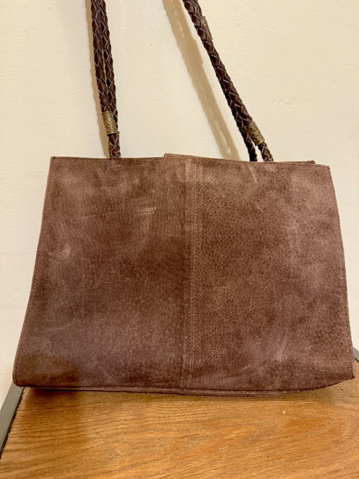 SCULLY 巧克力麂皮绒铆钉皮革单肩包带编织肩带,轻度使用 — 第 3/4 张图片