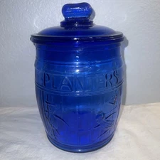 Planters Mr Peanut Cobalt Blue Depression Glass Barrel Store Counter Jar Running