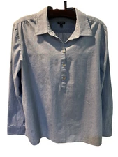 Talbots Wms Blouse Shirt XL Blue Chambray LS Pullover Cotton 1/2 Button Collared