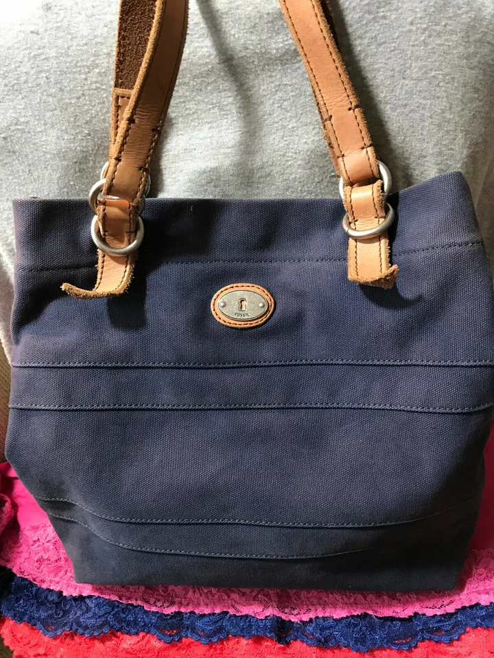 Fossil Jesse Azul Marino Rosa Lona Cuero Multicolor Snap Hobo/Tote Foto 3 de 4