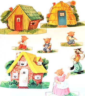 8-pc Vintage Cardboard Play Set 'THREE LITTLE PIGS'(and The Big Bad Wolf) exlnt