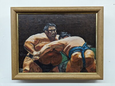 Vintage Modern Impressionist oil Painting Japanese SUMO WRESTLING Miyoko art