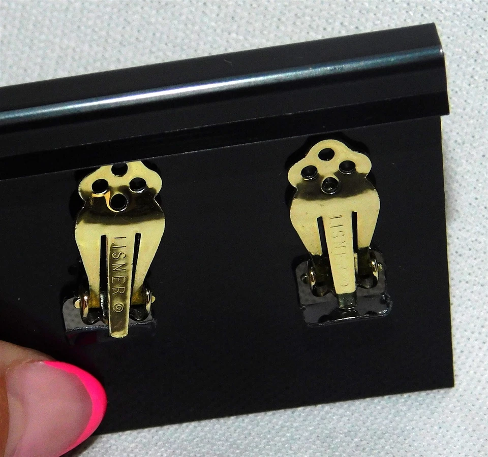 Vtg LISNER Orange Peach Flowers Thermoset & Rhinestones Clip On Earrings 1" - Image 4 of 4