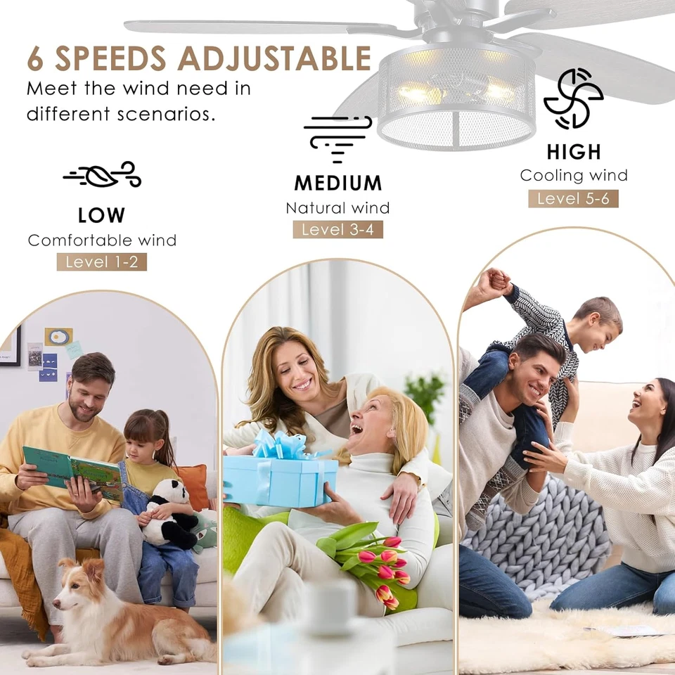 Farmhouse Ceiling Fan with Light and Remote,48" Black Industrial Caged Flush Mou - Image 2 of 4