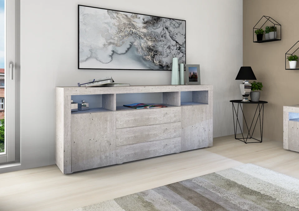 Sideboard 166cm Kommode Weiß Hochglanz Schwarz Beton Schrank Anrichte SANTA FE - Bild 2 von 4