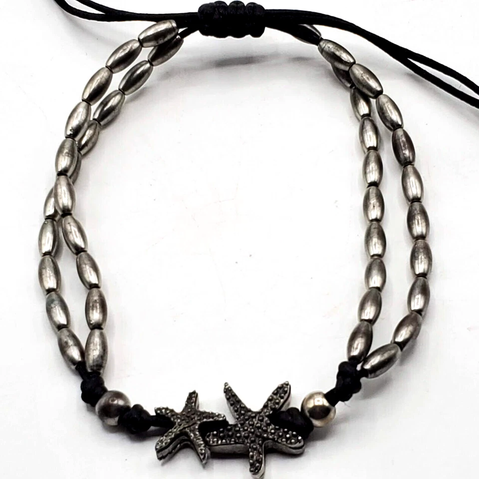 Pulsera Tobillera Estrella Pez Cuentas de Arroz Tonificadas Plateadas Cordón Negro Granulado Deslizable Foto 3 de 4