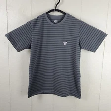 Uniqlo X Kaws Shirt Mens Medium Gray Stripes Crew Neck Short Sleeve Logo Stretch