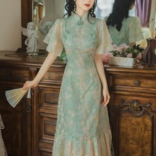 Women Retro Embroidered Lace Stitching Chiffon Dress Light Green Long Gown