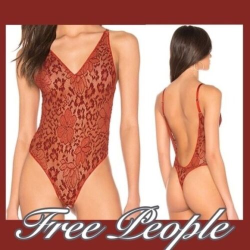 Free People Brick Red Floral Lace Thong Bodysuit Size X-Small NEW NWT - Picture 1 of 10
