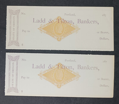 Vintage 1870s Ladd & Tilton Bankers Blank Checks - Lot of 2 Internal revenue
