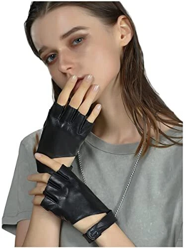 Women's black leather fingerless gloves