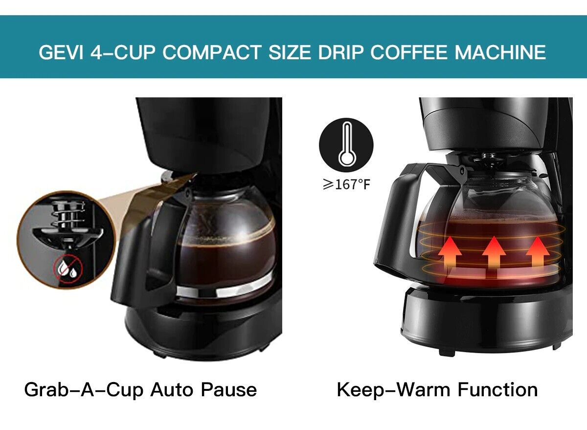 Gevi 4-Cup Coffee Maker with Auto-Shut Off, Small Drip Coffeemaker Compact Coffee  Pot Brewer