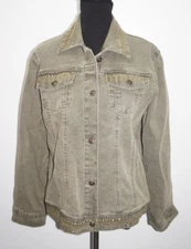 DG2 Diane Gilman Army Green Gold Detailing Jean Jacket Womans Sz L