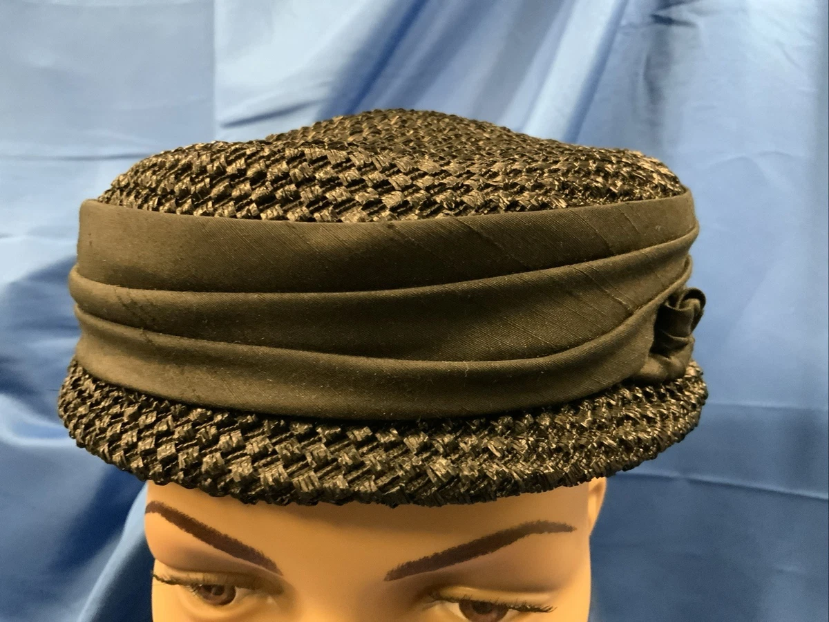 Vintage Cream Straw Pillbox Hat with Black Grosgrain Band Vintage Black Rafia Pillbox Hat: 1950s-60s Toque With  main image 2