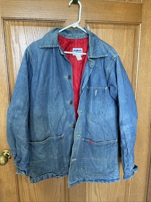 Vintage Big Smith Denim Chore Coat Red Quilted Lined Work Jacket Blue Mens