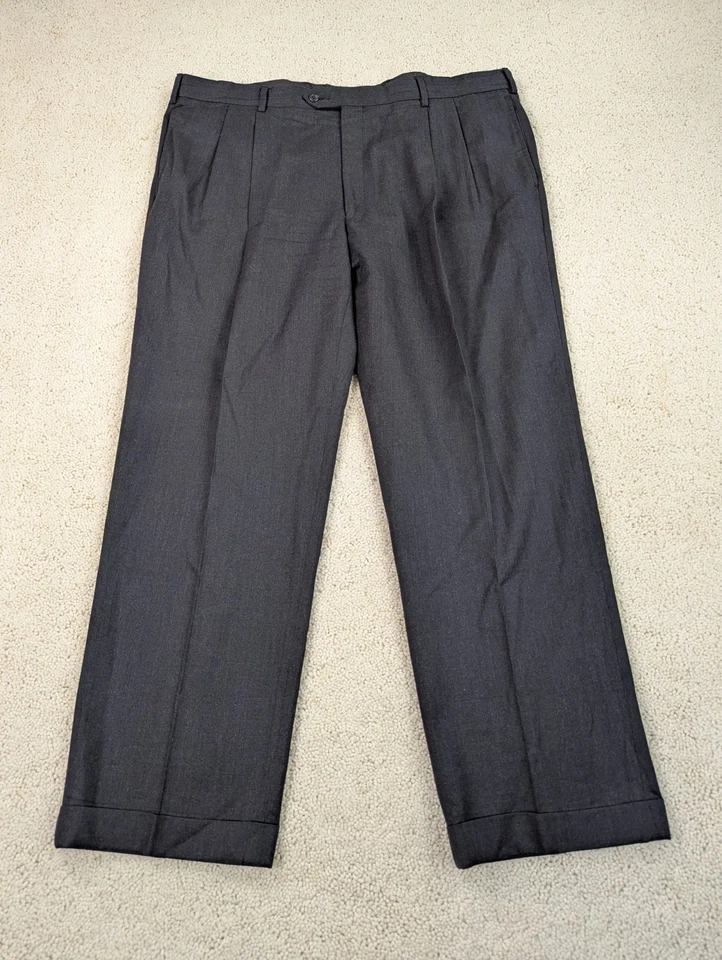 Wool Flannel Pants Mens 42x30 Gray Pleated Jos A Bank Classic Cuffed Straight - Image 2 of 4