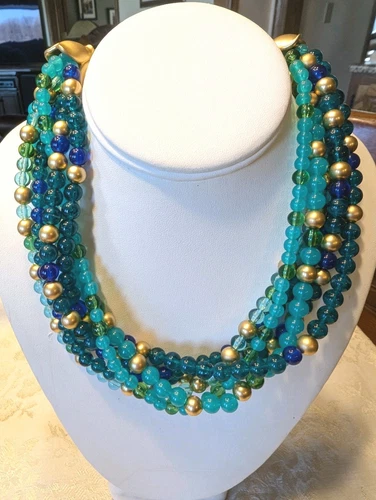 Collana Vintage Givenchy Verde Blu Perline Collare Multifilo Dichiarazione Passerella