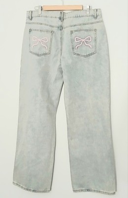 Edikted Jeans Size XL Pink Bow Pocket Low Rise Baggy Light Wash Coquette NEW