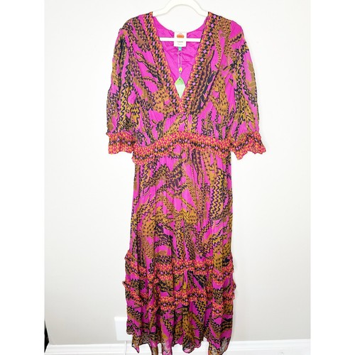 Farm Rio Womens Croco Short Sleeve Maxi Dress Animal Print Pink Size XL NEW - Picture 2 of 11