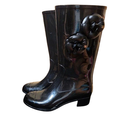 CHANEL Black Rain Boots 36 Rubber Waterproof Shoes 23cm Logo