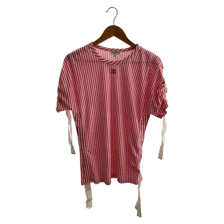 CHANEL T-shirt Coco Mark Shirring Cotton Stripe Pink Women CHANEL T-shirt Coco Mark Shirring Cotton Stripe Pink Women