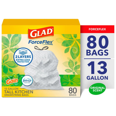 Forceflex Tall Kitchen Drawstring Trash Bags, 13 Gallon, Gain Original with Febr