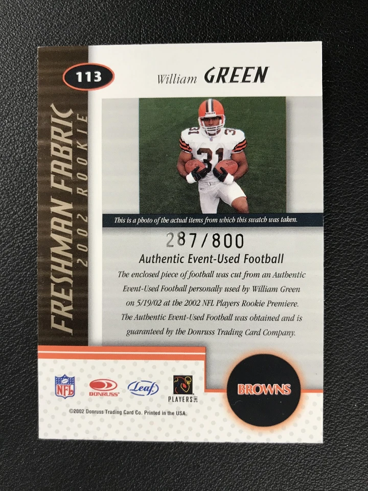 2002 Leaf Certified #113 William Green Cleveland Browns Rookie Relic /800 - Image 2 of 2
