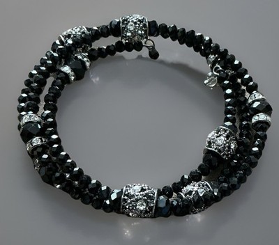 Crystal And Rhinestone Bracelet Memory Wire 3-Strand 8  Black Crystals