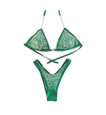 Crystal Competition Bikini, Green Figure Posing Suit, Sexy V-Bottom