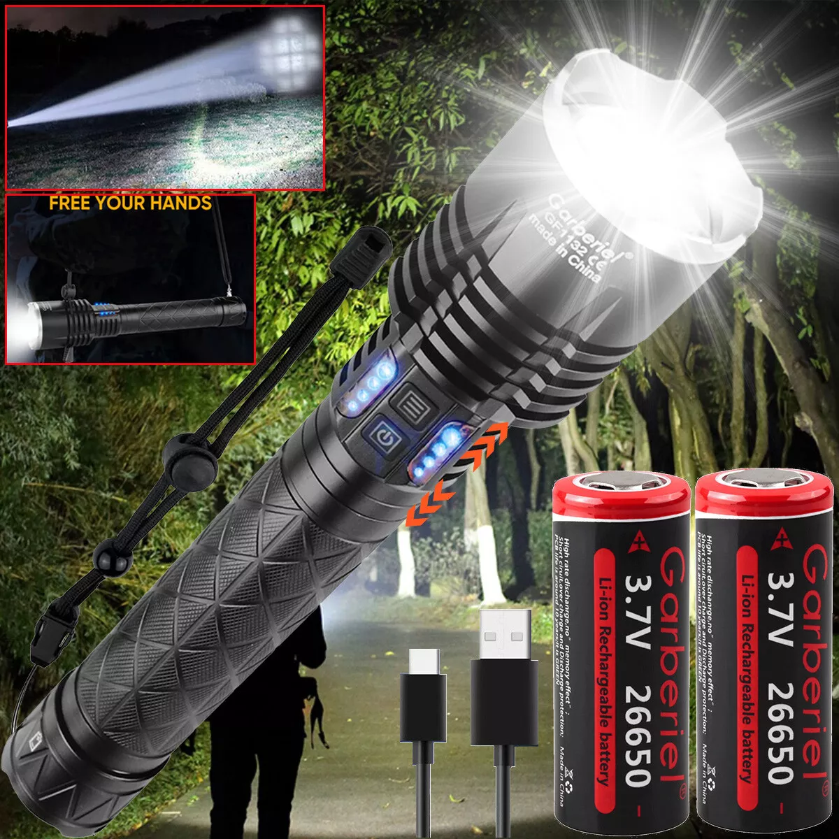 Powerful Zoom Tactical XHP120 LED Flashlight USB Rechargeable