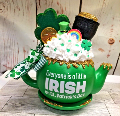 St. Patrick Day Everyone is a Little Irish Fake Whipped Cream Teapot Tiered Tray