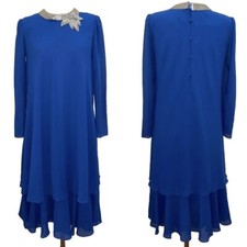 Vintage 80s Cobalt Royal Blue Beaded Chiffon Tiered Midi Dress Size S/M Evening
