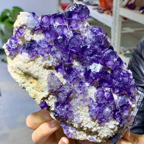 1.84LB Natural purple cubic fluorite Alien Eyes+ White calcite Cluster ...